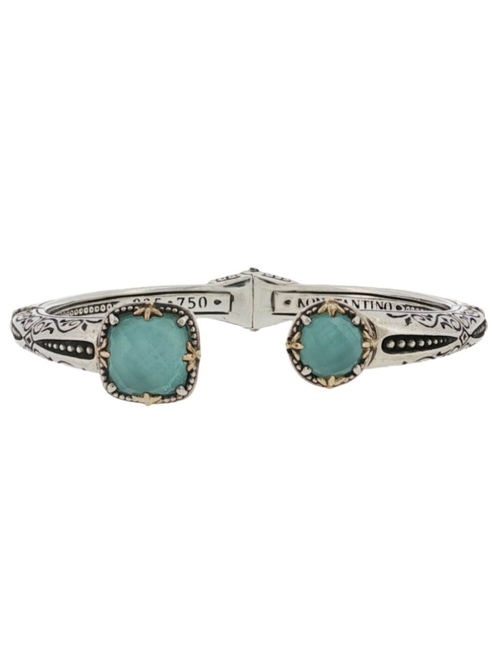 Konstantino 925 Sterling Silver 18K Gold Gen K 2 Aquamarine Triplet Bangle 6.5"